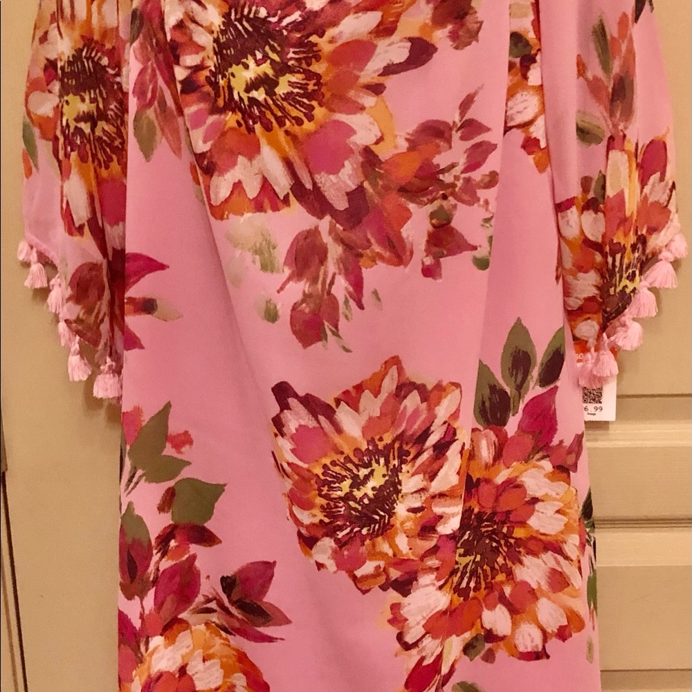 Trina Turk Women's Pink Floral Off Shoulder Tassel Dress Size XL